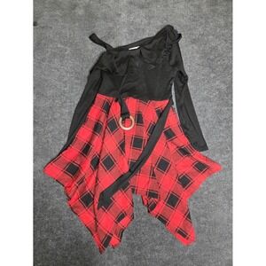 Dressfo‎ Womens Black Red Plaid Handkerchief Mini Dress Cold Shoulder O-Ring L